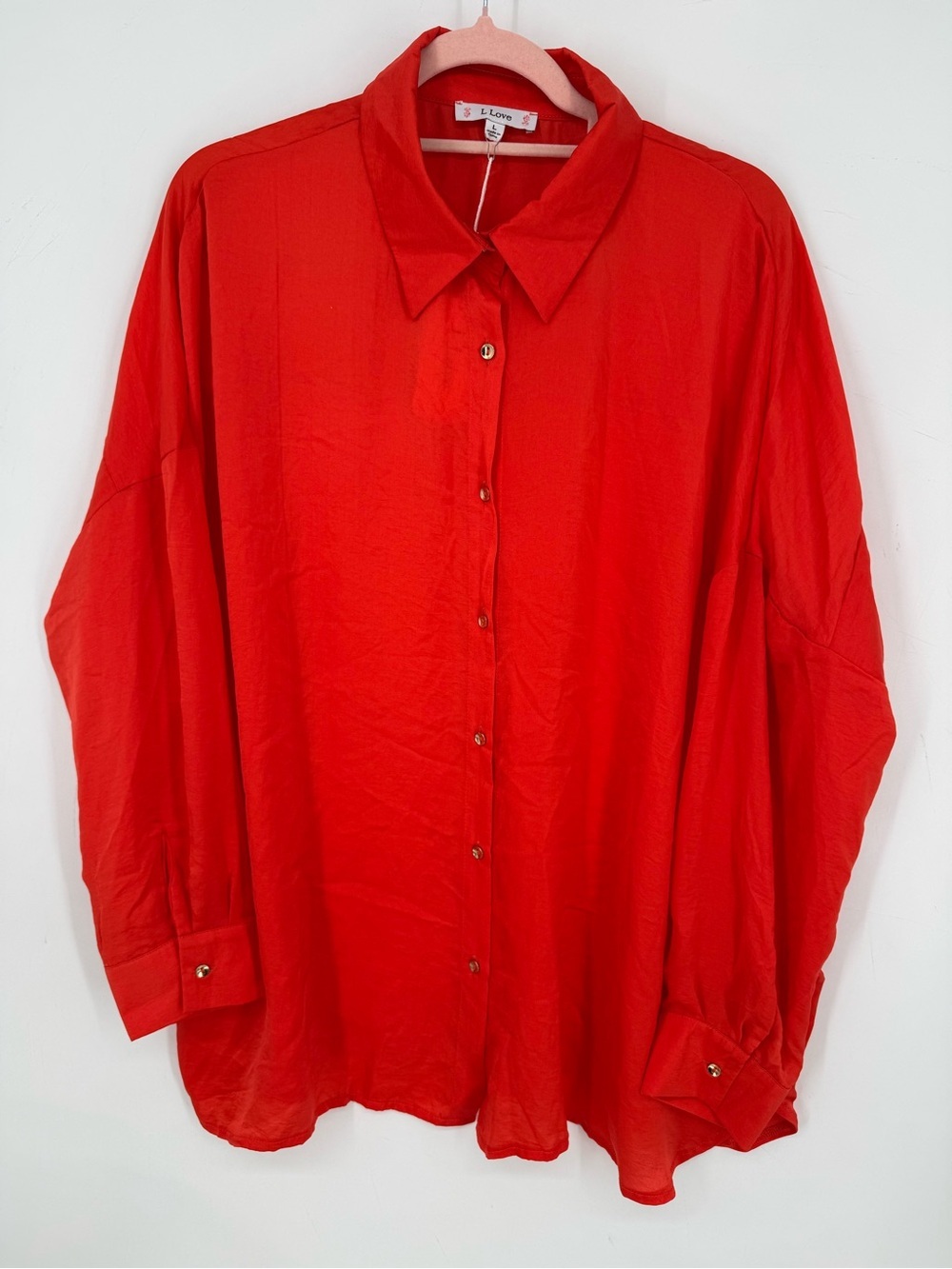L Love Red Oversized Button Down Blouse Quiet Luxury Chic Top Size Large NWT